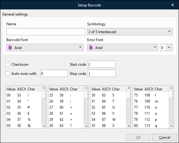 The Setup Barcode window with 2 of 5 Interleaved symbology selected.